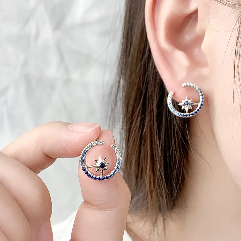 Blue Zircon Octagonal Star Opposite Direction C-shape Silver Studs Earrings for Women