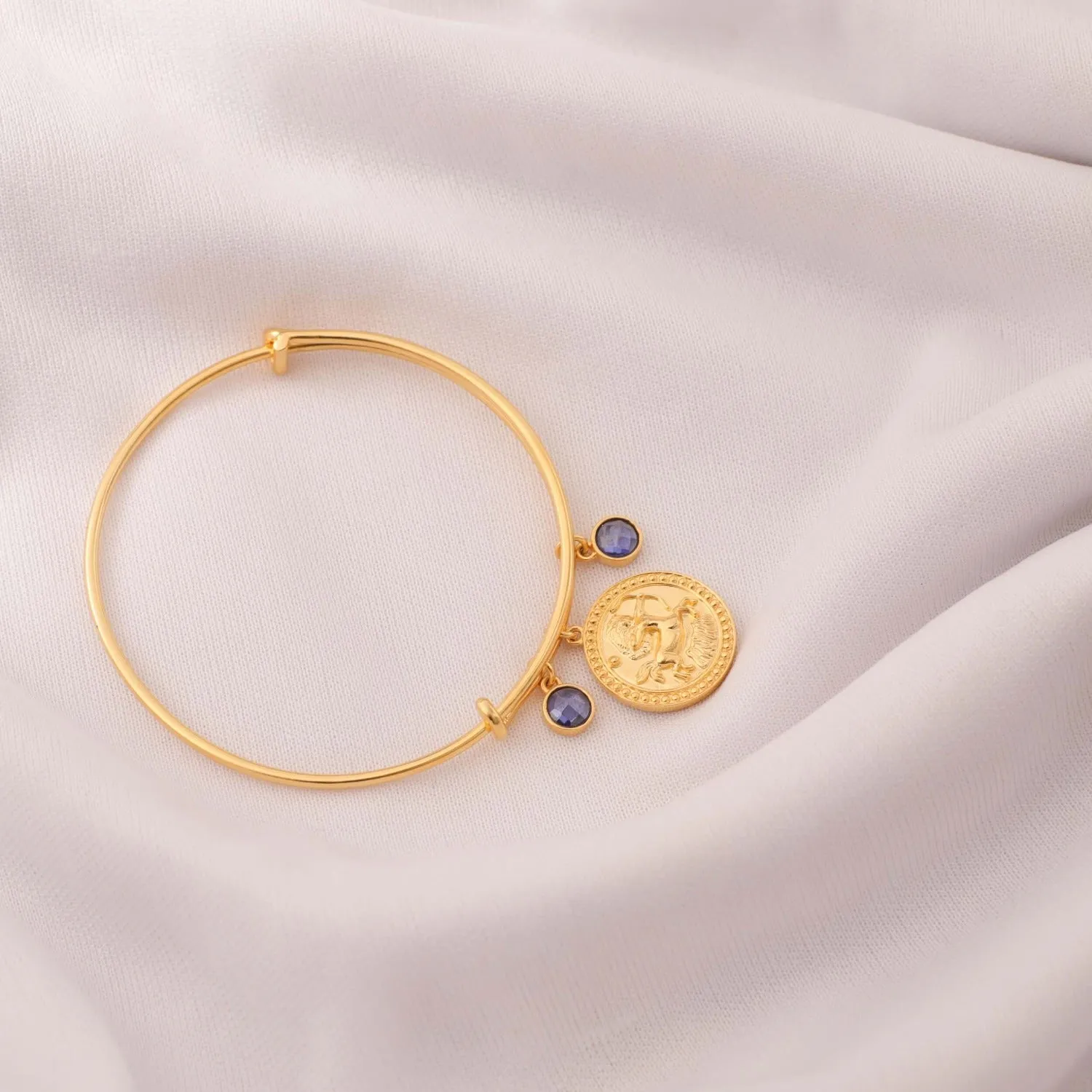 Blue Zircon Sagittarius Zodiac Coin Gold Plated Silver Bracelet