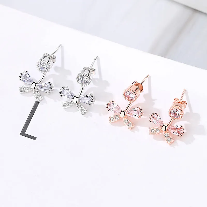 Bow with Zircon Pendant Silver Studs Earrings for Women