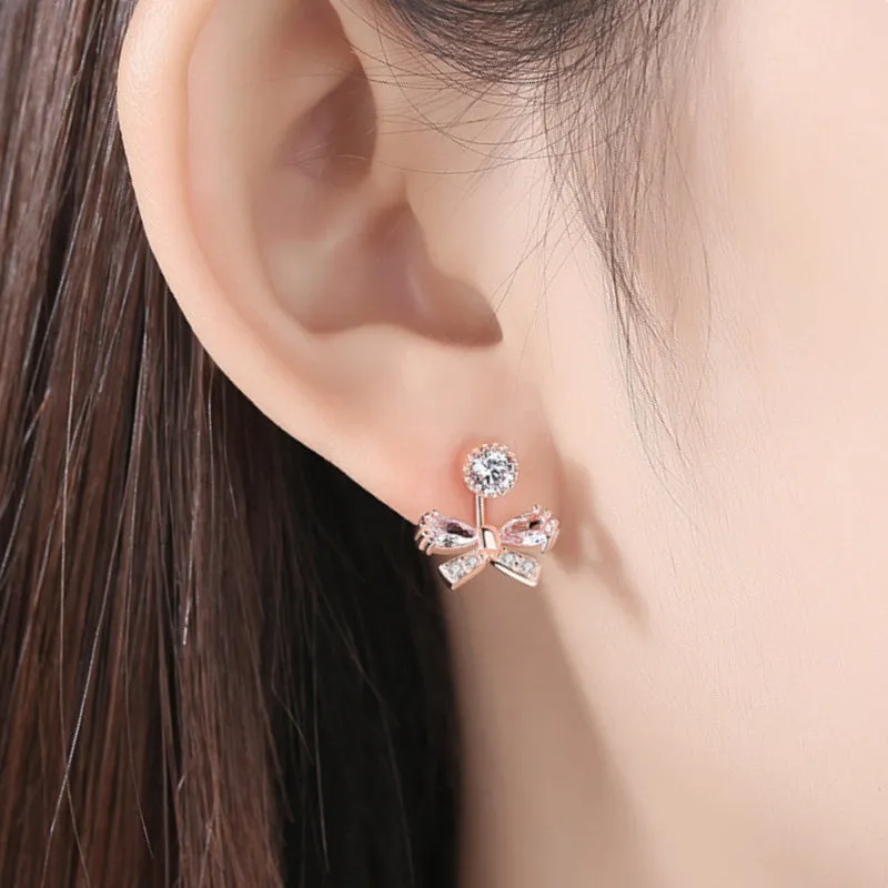 Bow with Zircon Pendant Silver Studs Earrings for Women