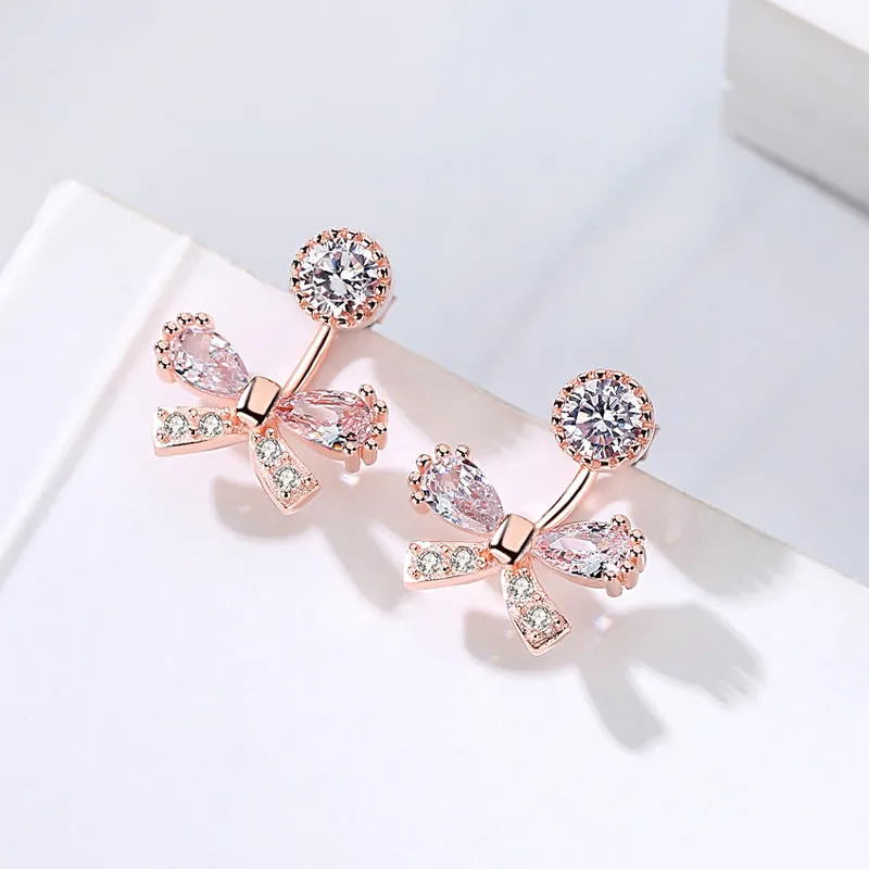 Bow with Zircon Pendant Silver Studs Earrings for Women