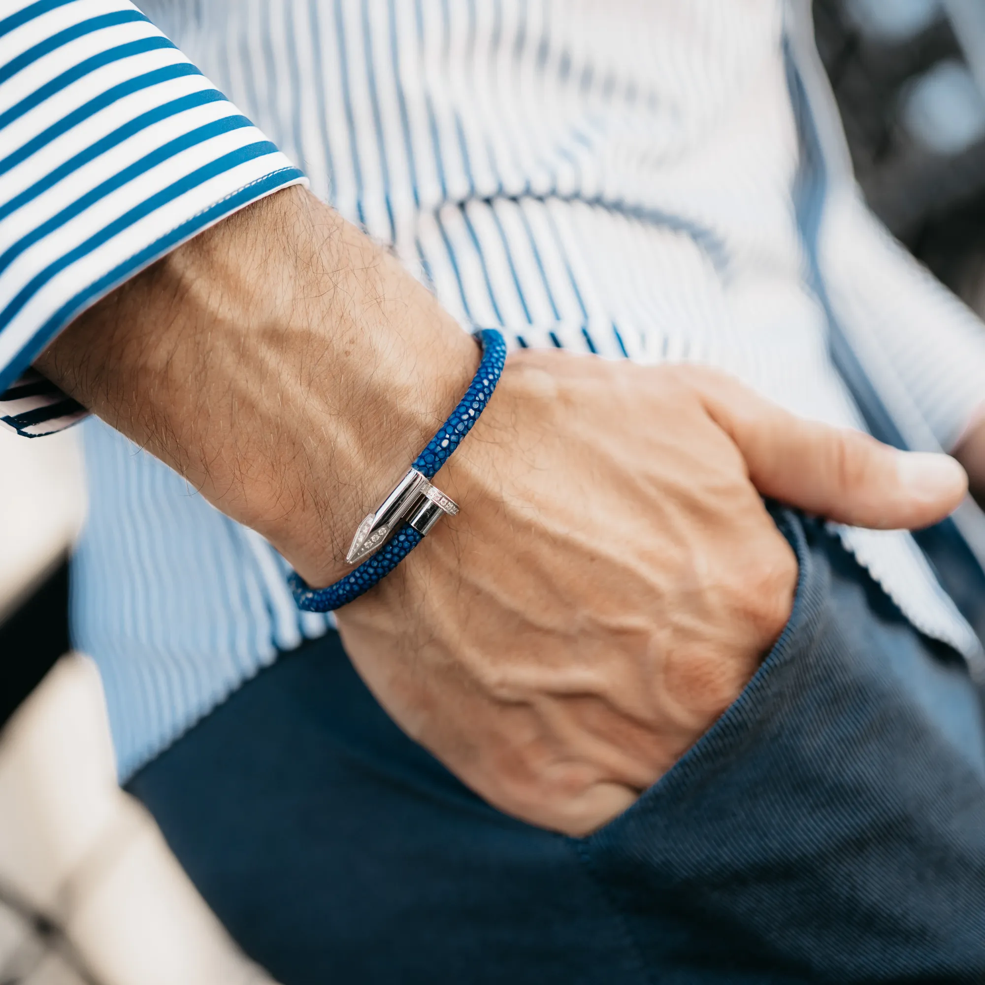 Bracelet - Blue Leather with Silver Nail and Zircon