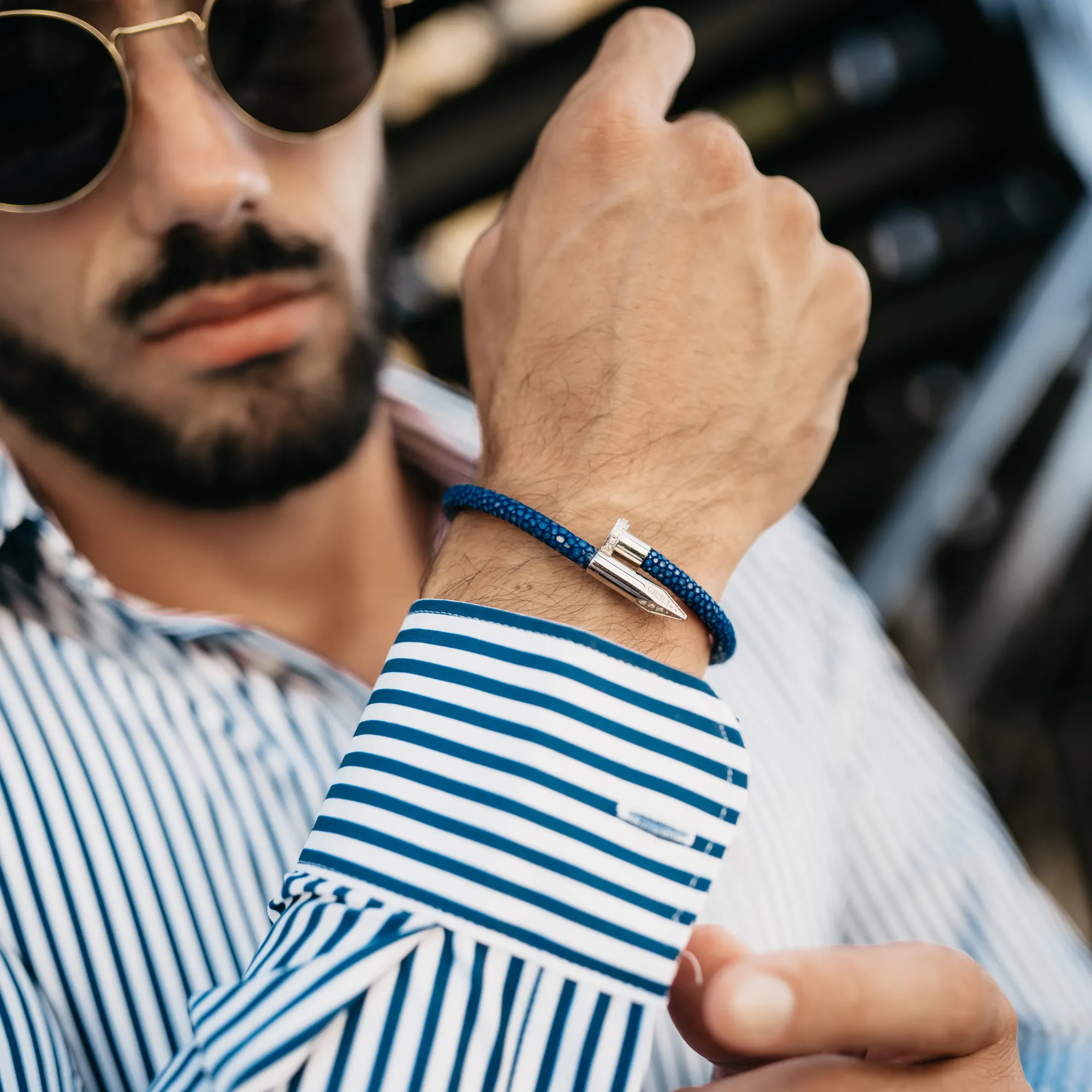 Bracelet - Blue Leather with Silver Nail and Zircon