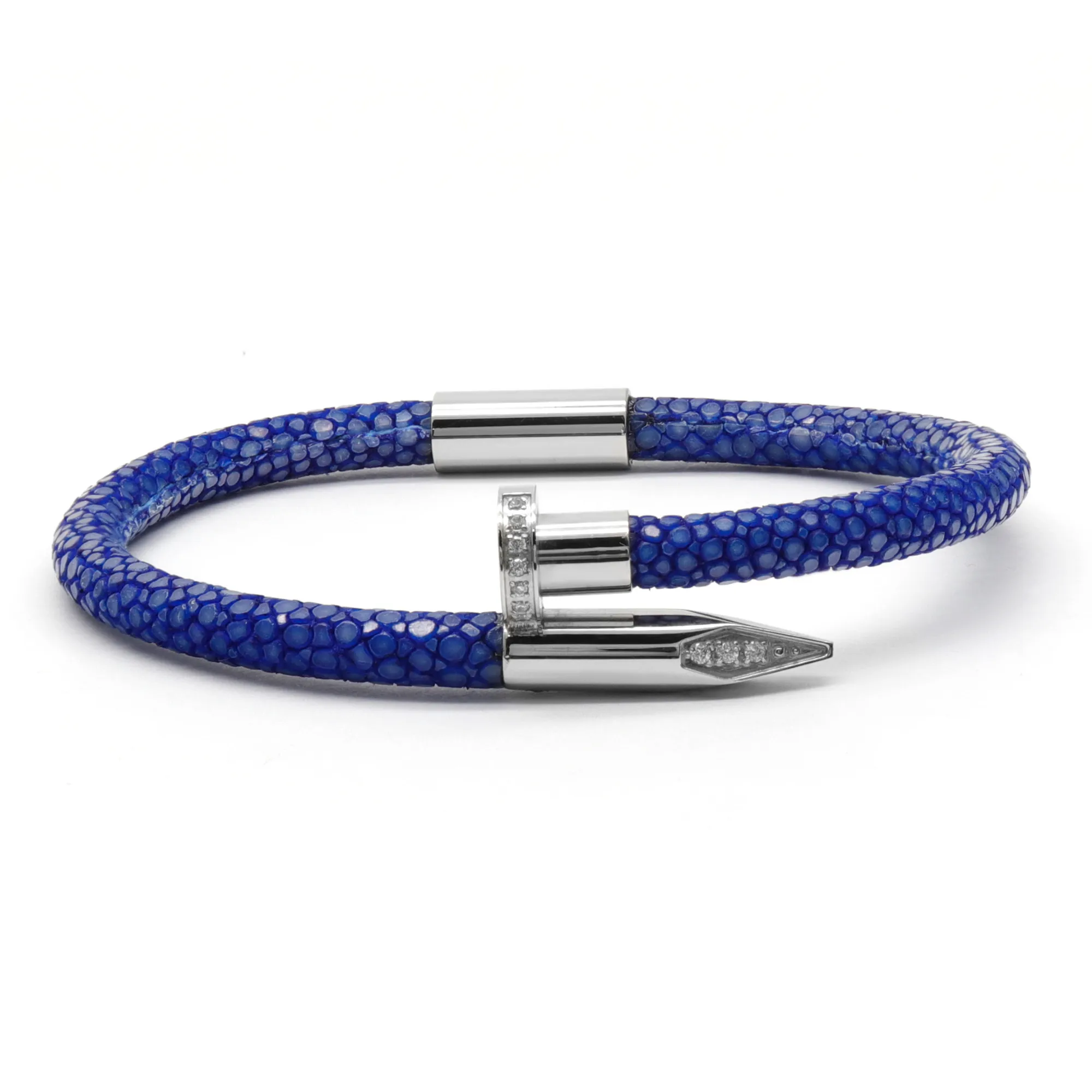 Bracelet - Blue Leather with Silver Nail and Zircon