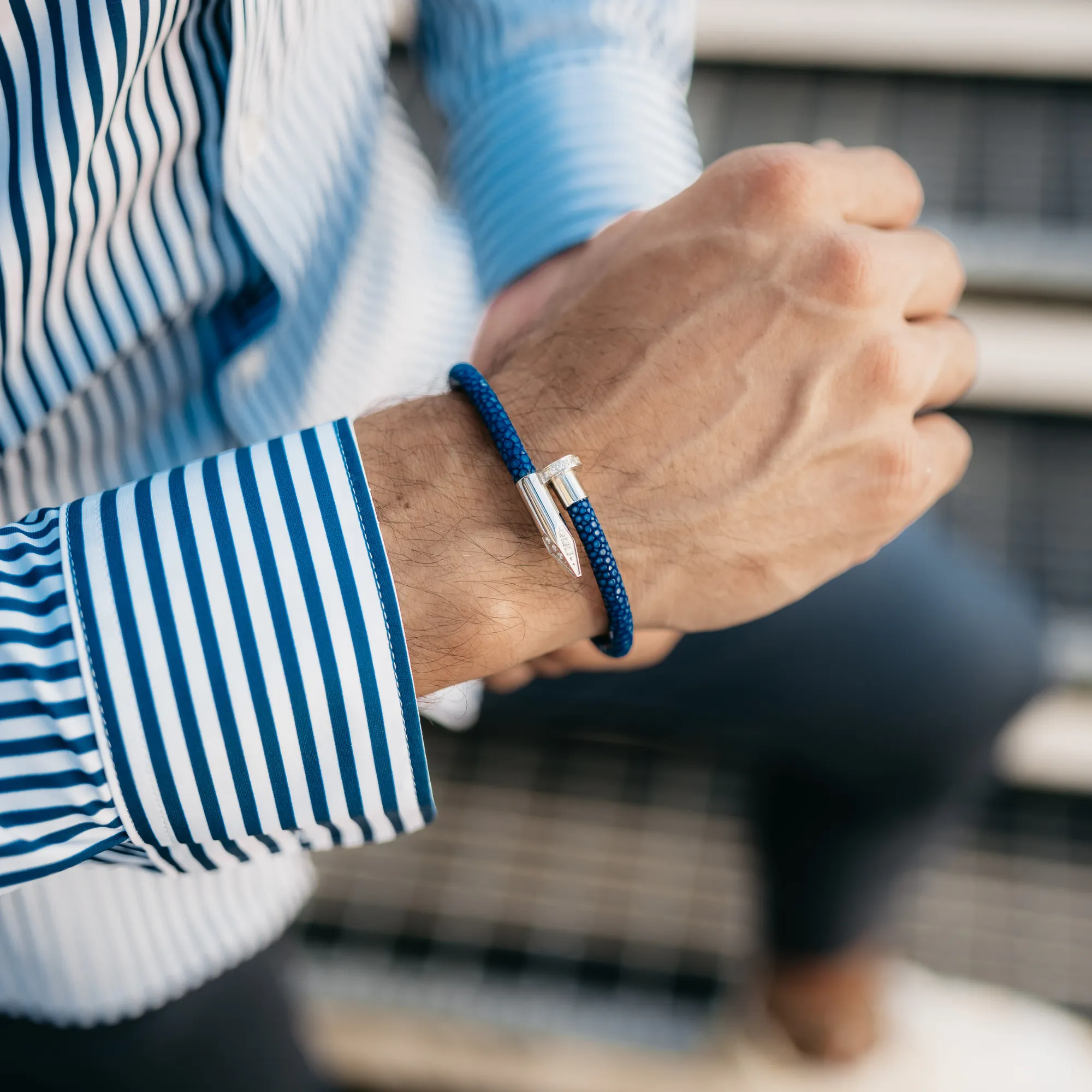 Bracelet - Blue Leather with Silver Nail and Zircon