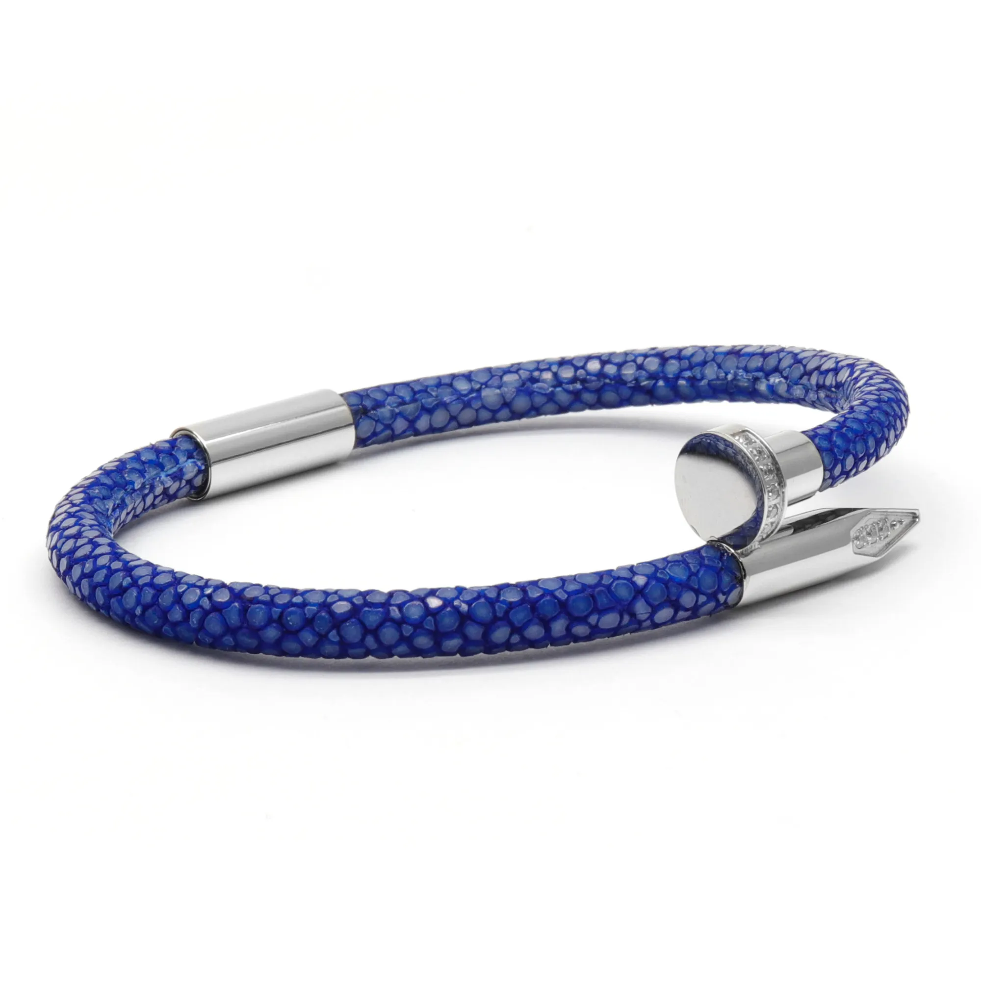 Bracelet - Blue Leather with Silver Nail and Zircon