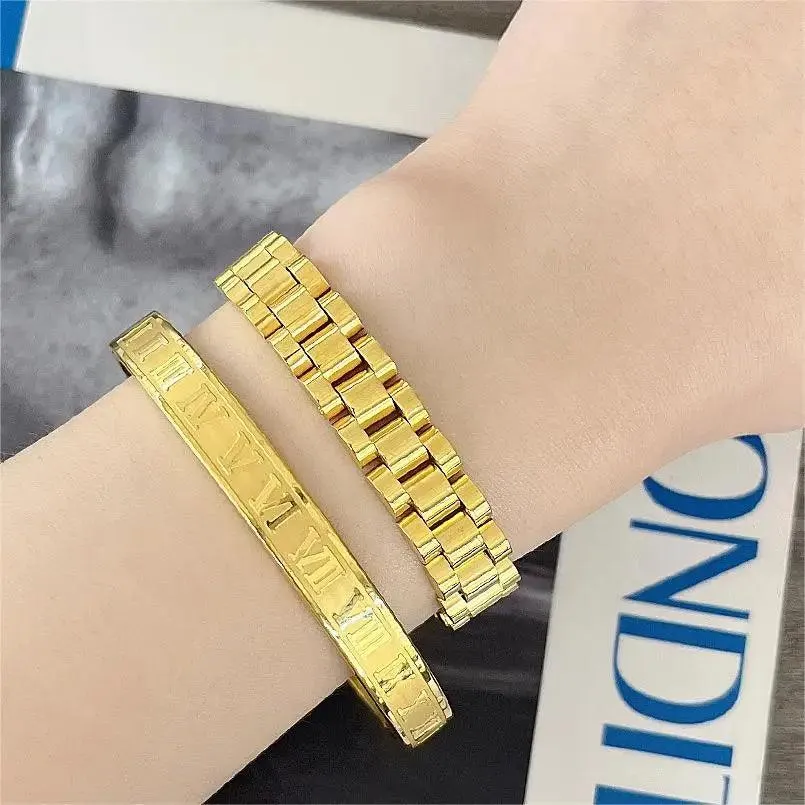 Bracelets Charm Jewelry - Golden Plated - Wide Opening Bangles - Roman Numeral - TSJ22