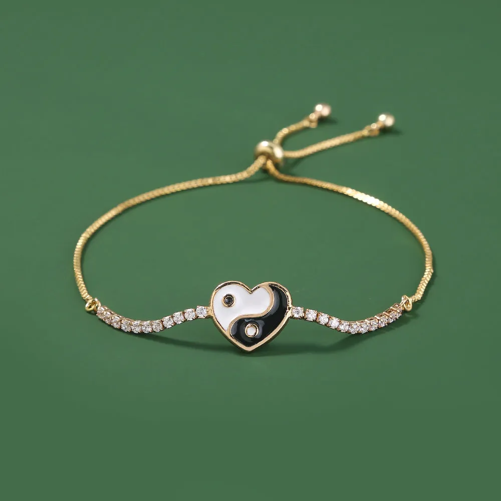 Brass Heart Gold Plated Oil Drip Zircon Adjustable Pull Bracelet