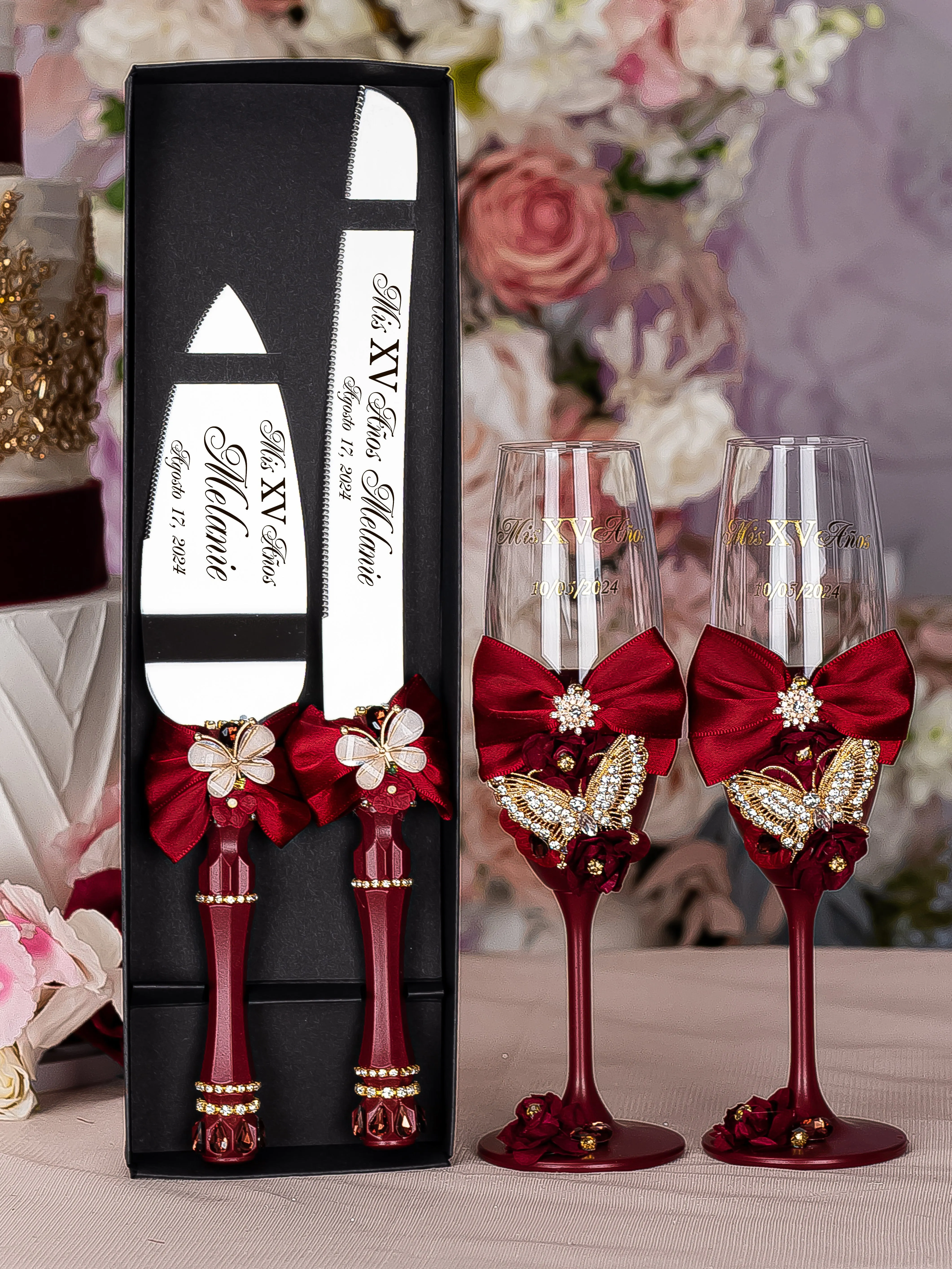 Burgundy with butterflies 4 quinceanera champagne glasses