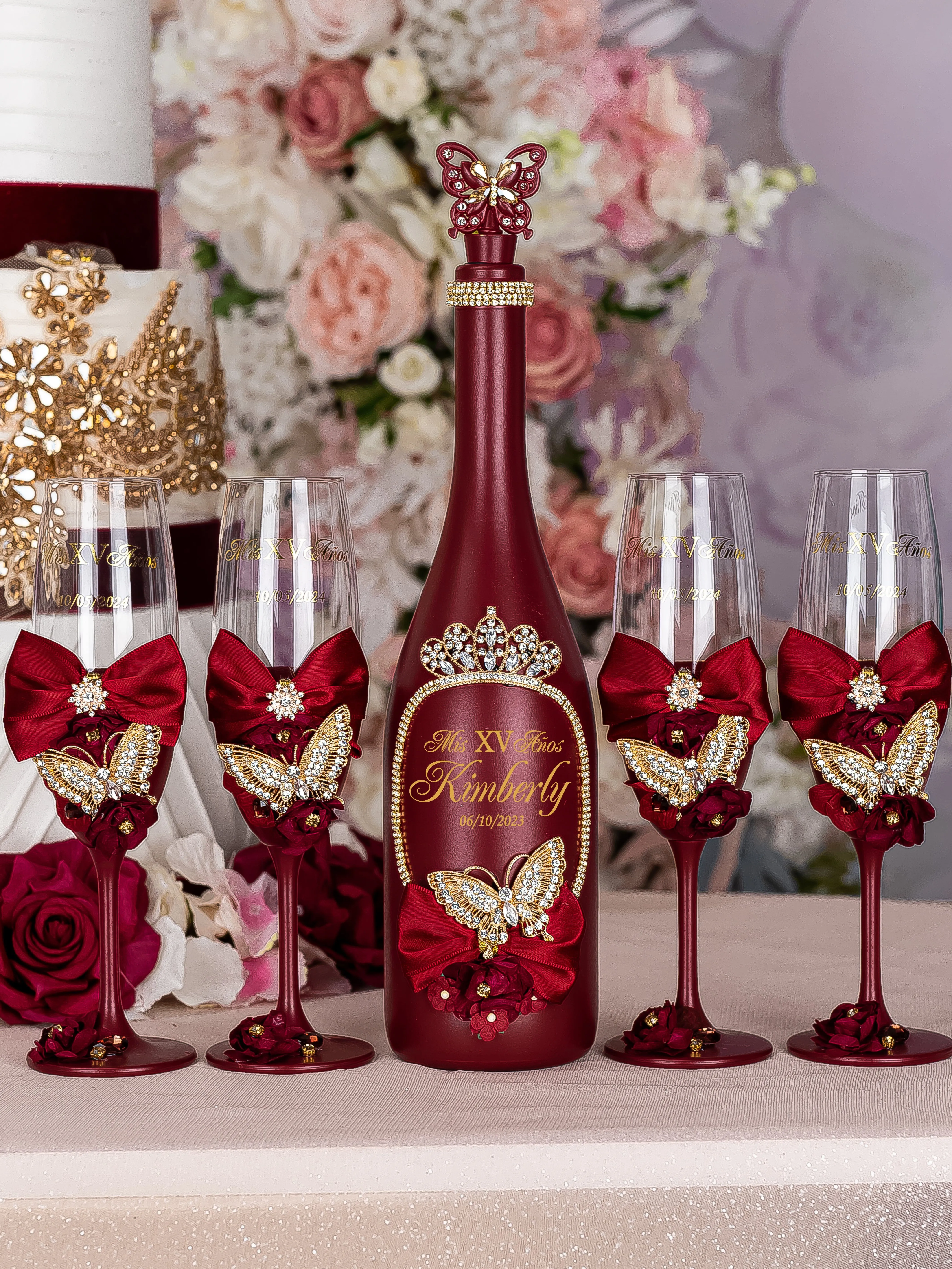 Burgundy with butterflies 4 quinceanera champagne glasses