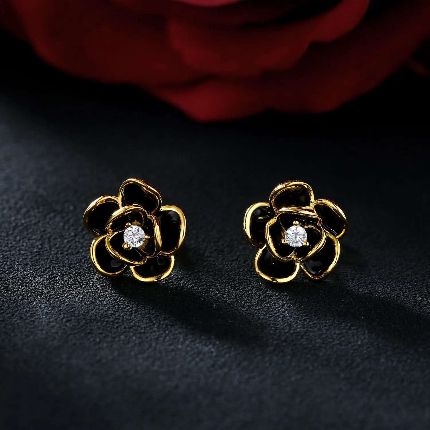 Camellia Black Enamel Stud Earrings