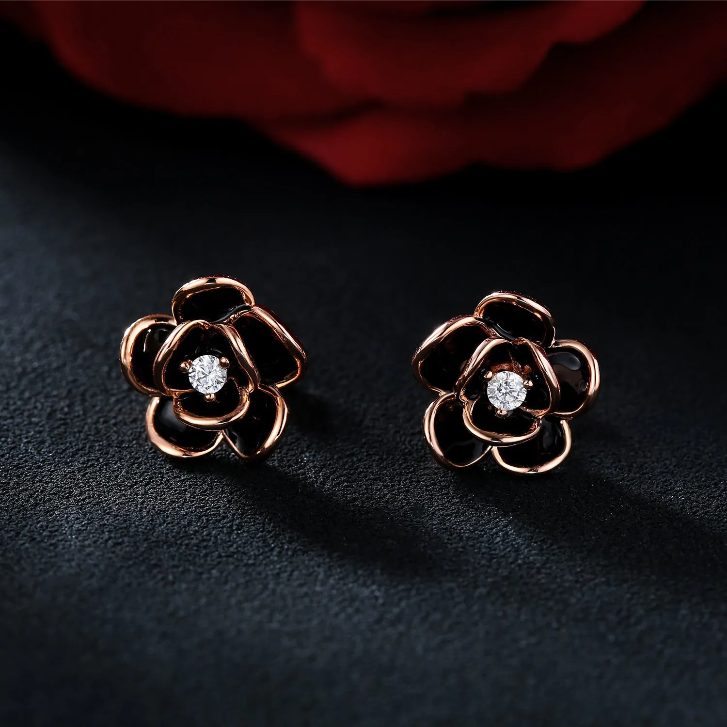 Camellia Black Enamel Stud Earrings