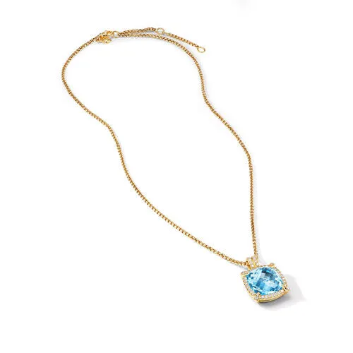 Chatelaine Pavé Bezel Pendant Necklace in 18K Yellow Gold with Blue Topaz and Diamonds, 14mm