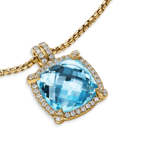 Chatelaine Pavé Bezel Pendant Necklace in 18K Yellow Gold with Blue Topaz and Diamonds, 14mm