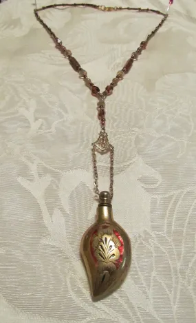 Chatelaine Perfume Bottle Necklace Vintage Gold Enamel One Of A Kind Beaded Necklace