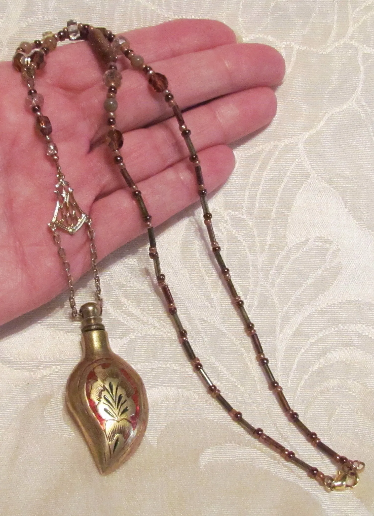 Chatelaine Perfume Bottle Necklace Vintage Gold Enamel One Of A Kind Beaded Necklace