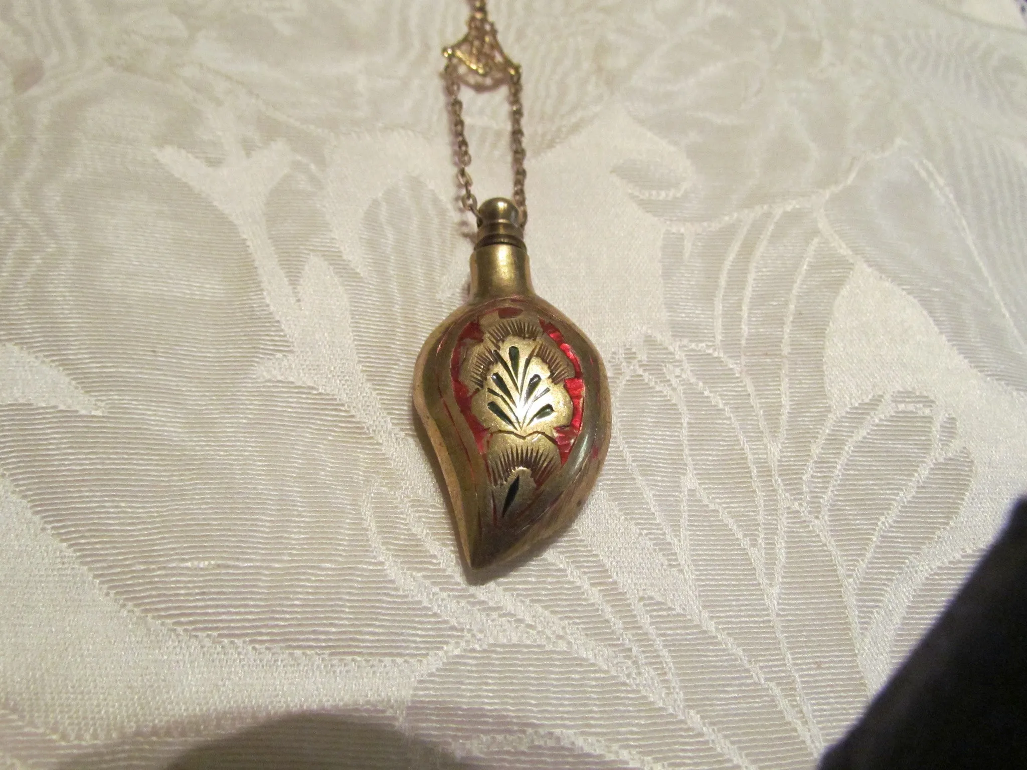 Chatelaine Perfume Bottle Necklace Vintage Gold Enamel One Of A Kind Beaded Necklace