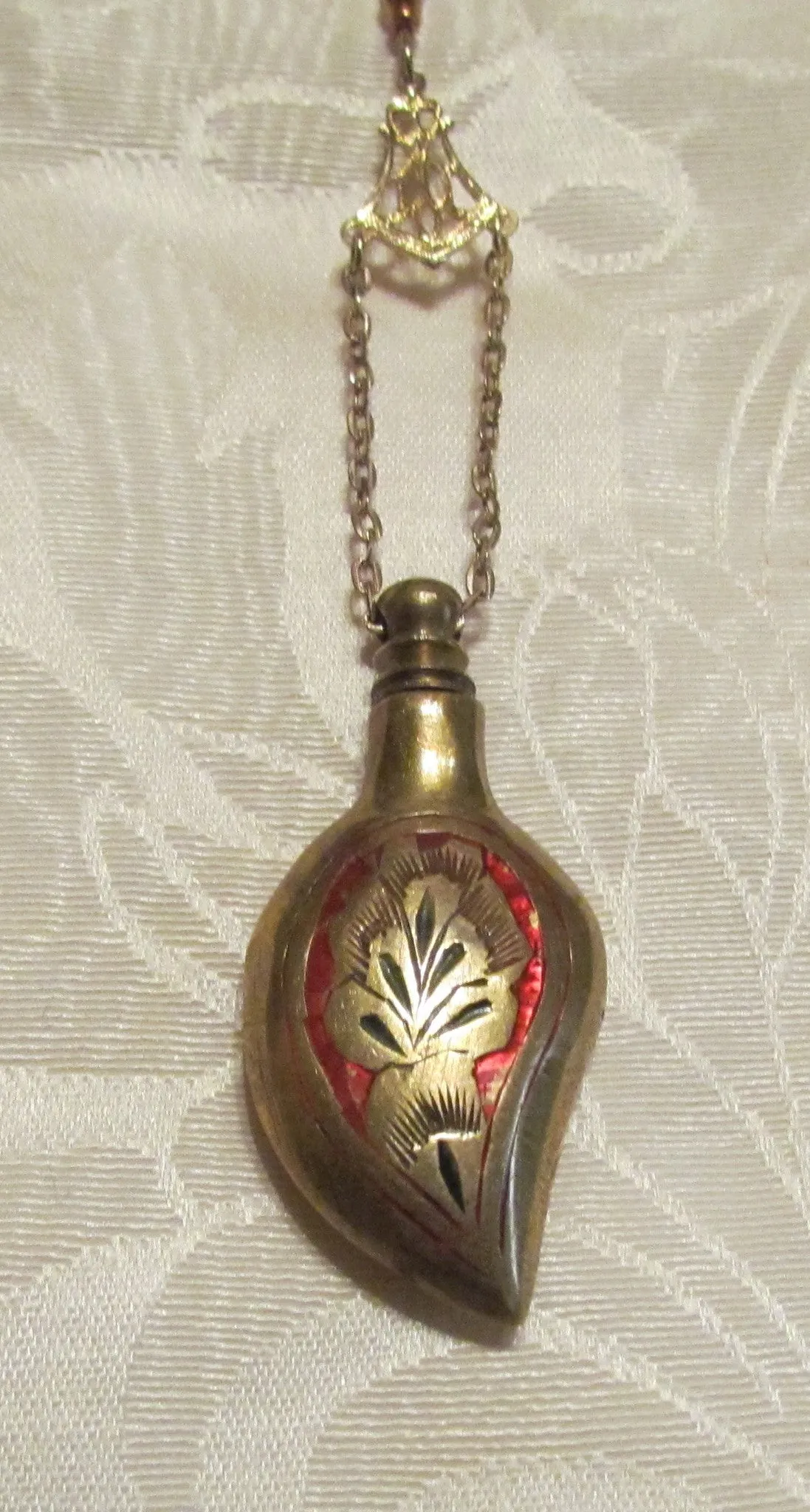 Chatelaine Perfume Bottle Necklace Vintage Gold Enamel One Of A Kind Beaded Necklace