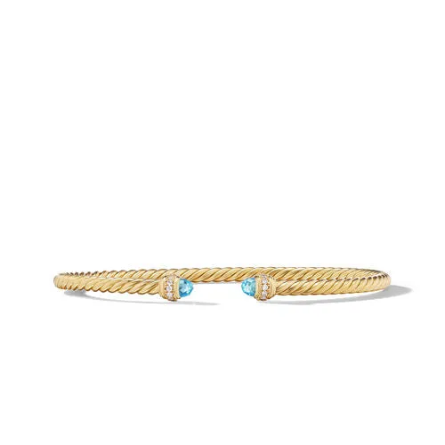 Classic Cablespira Bracelet in 18K Yellow Gold with Blue Topaz and Diamonds, 3mm