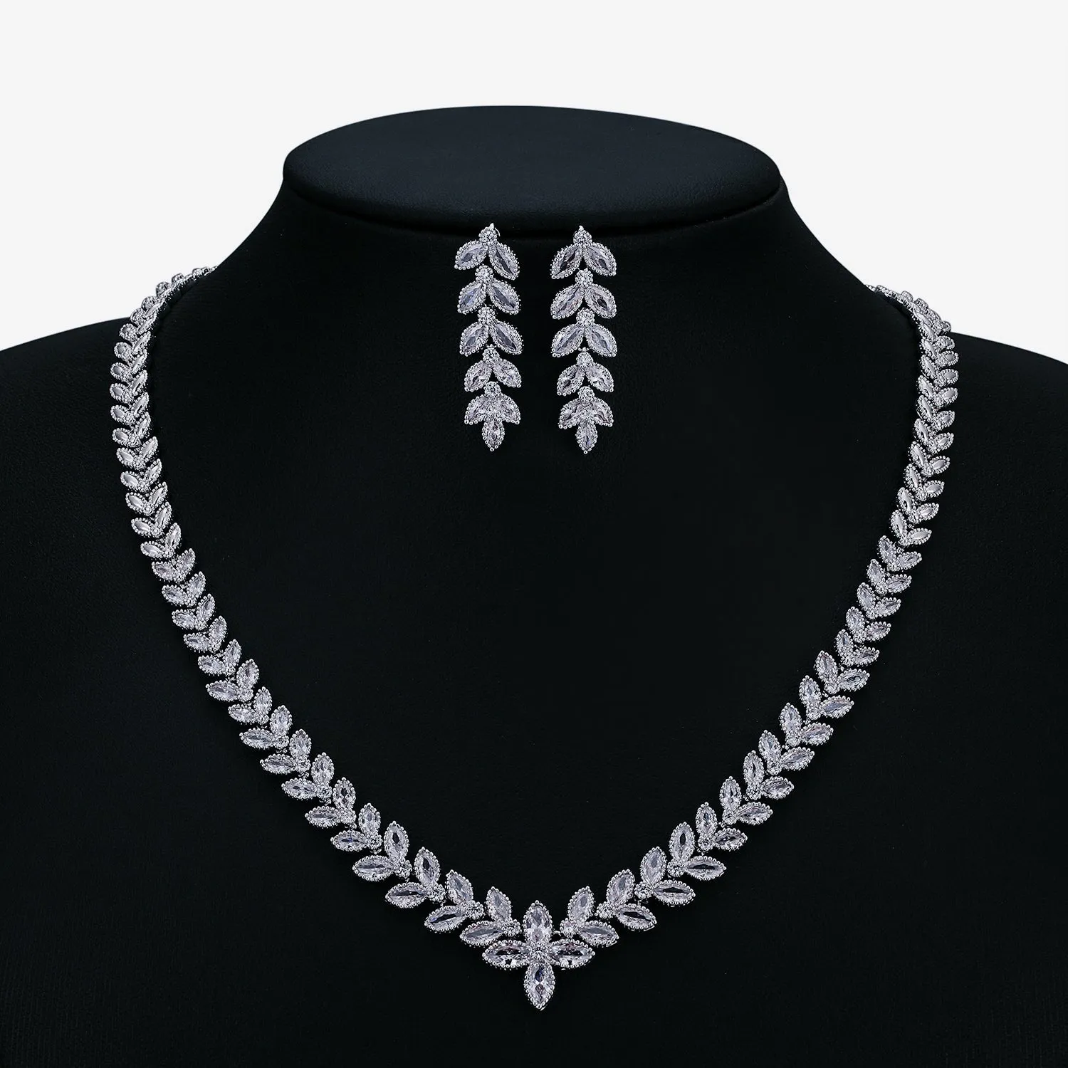 Classic Full 3A Cubic Zirconia Leaves Bridal Wedding Necklace Earring Set Women Prom Party Jewelry Sets CN10272