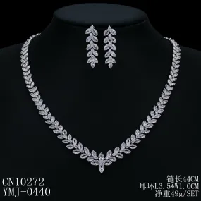 Classic Full 3A Cubic Zirconia Leaves Bridal Wedding Necklace Earring Set Women Prom Party Jewelry Sets CN10272