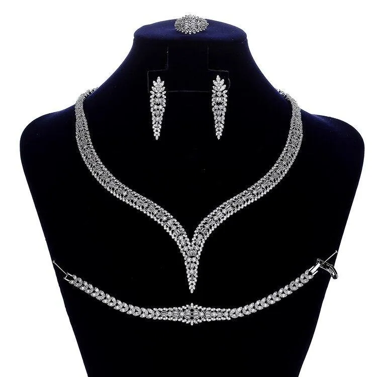 Classical AAAA  High Quality  CZ Diamonds Wedding Bridal Necklace Earrings Ring And Bracelet Set