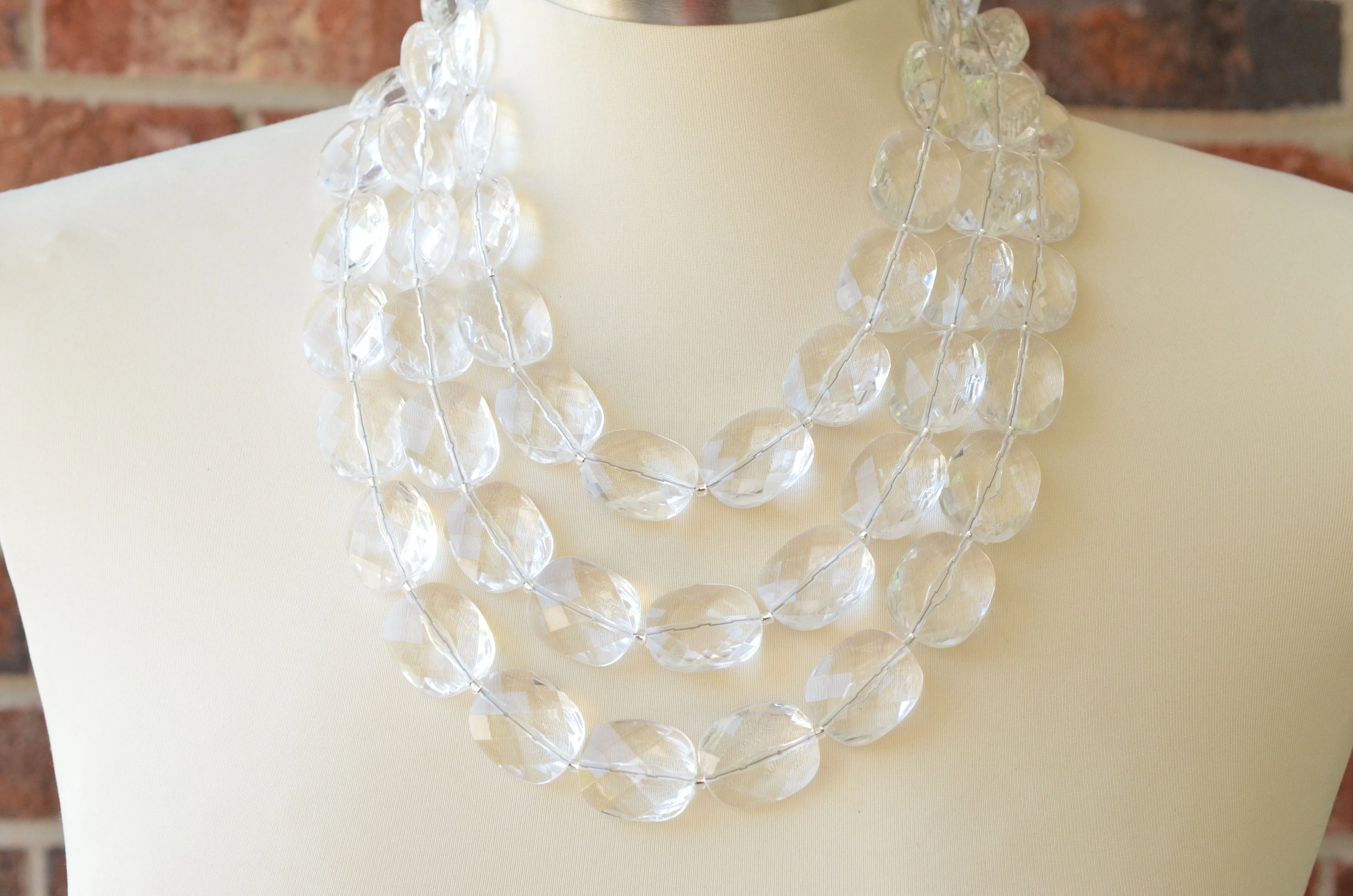 Clear Acrylic Beaded Multi Strand Chunky Statement Necklace - Elizabeth