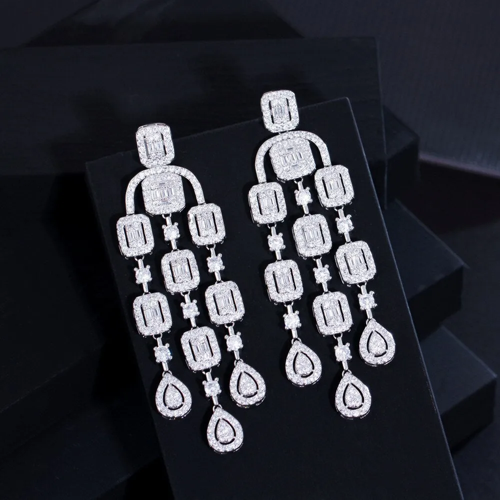 Clear Tassels Cubic Zircon  assels CZ Square Earrings,CZ Dangle Earring for Wedding, Women Dinner Accessories Jewelry SZE0425