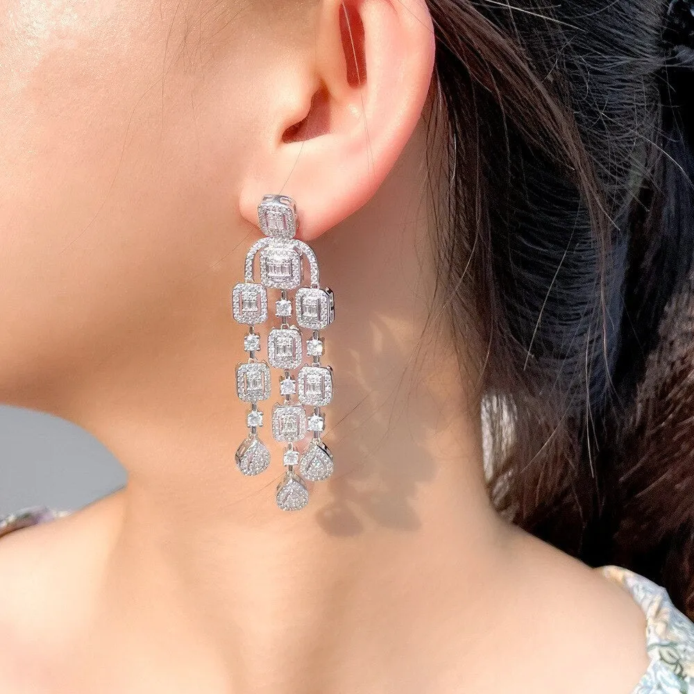 Clear Tassels Cubic Zircon  assels CZ Square Earrings,CZ Dangle Earring for Wedding, Women Dinner Accessories Jewelry SZE0425