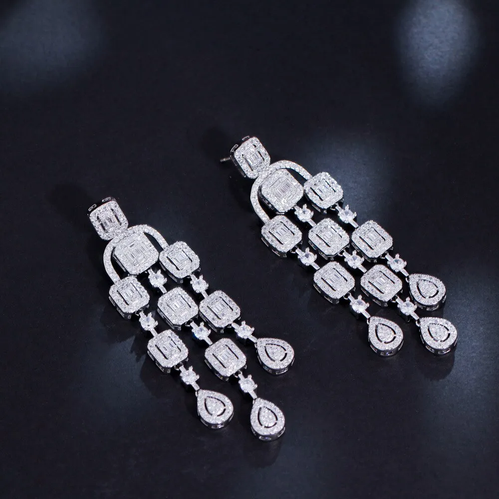 Clear Tassels Cubic Zircon  assels CZ Square Earrings,CZ Dangle Earring for Wedding, Women Dinner Accessories Jewelry SZE0425