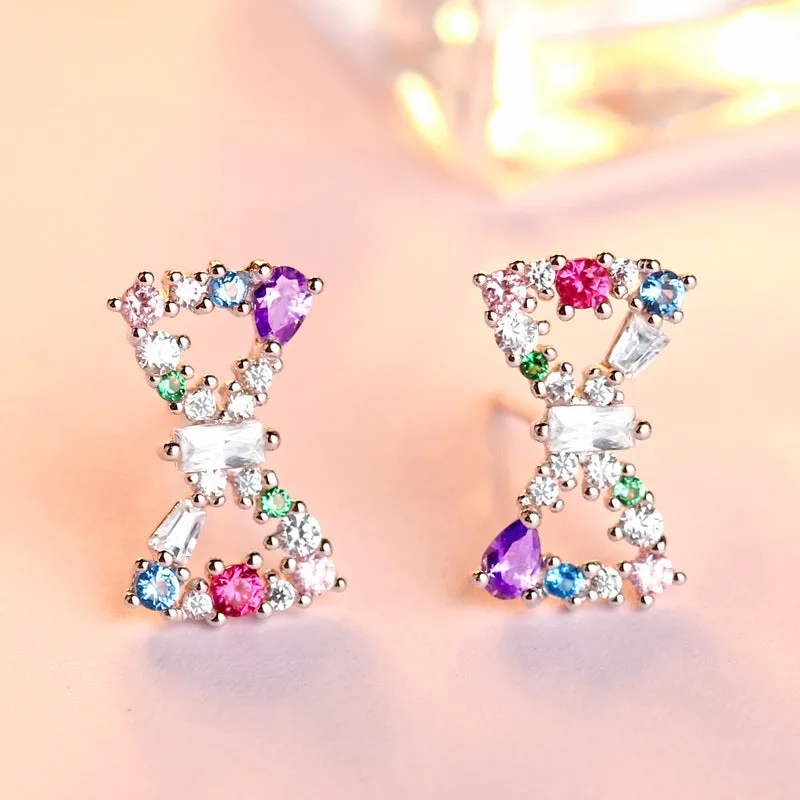 Colourful Zircon Bow Silver Studs Earrings for Women