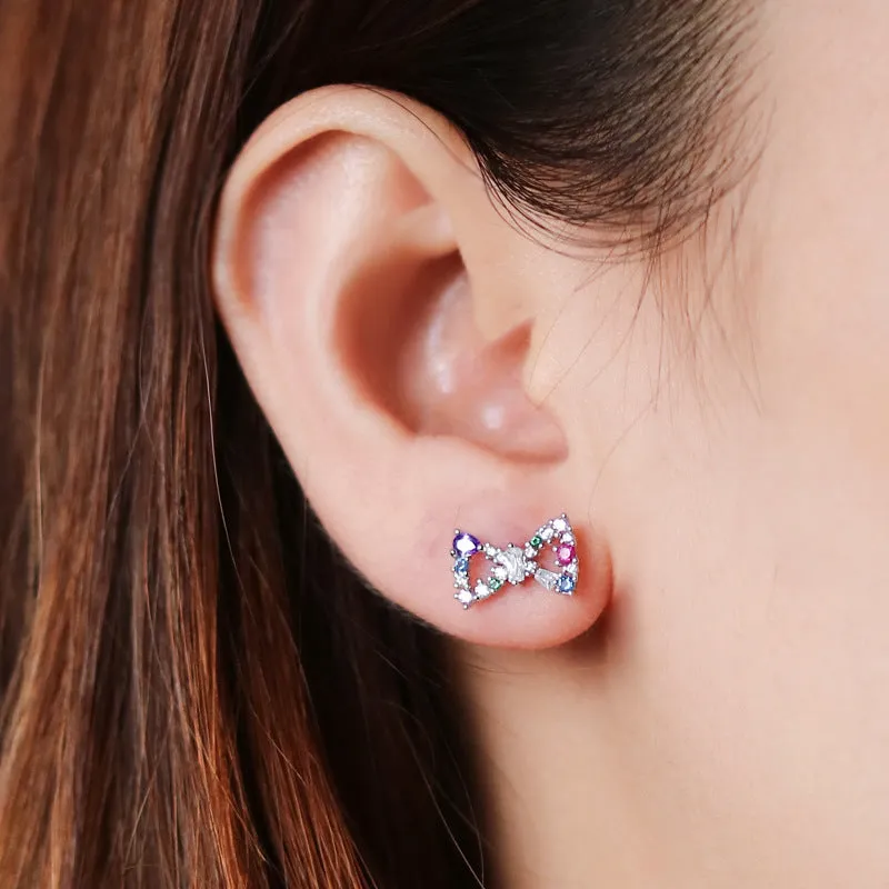 Colourful Zircon Bow Silver Studs Earrings for Women