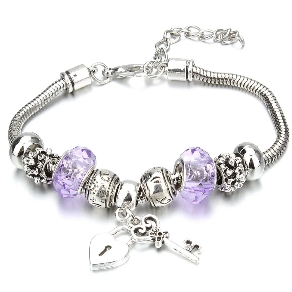 Crown Key Lock Vintage Bracelet For Women with Glass Beads