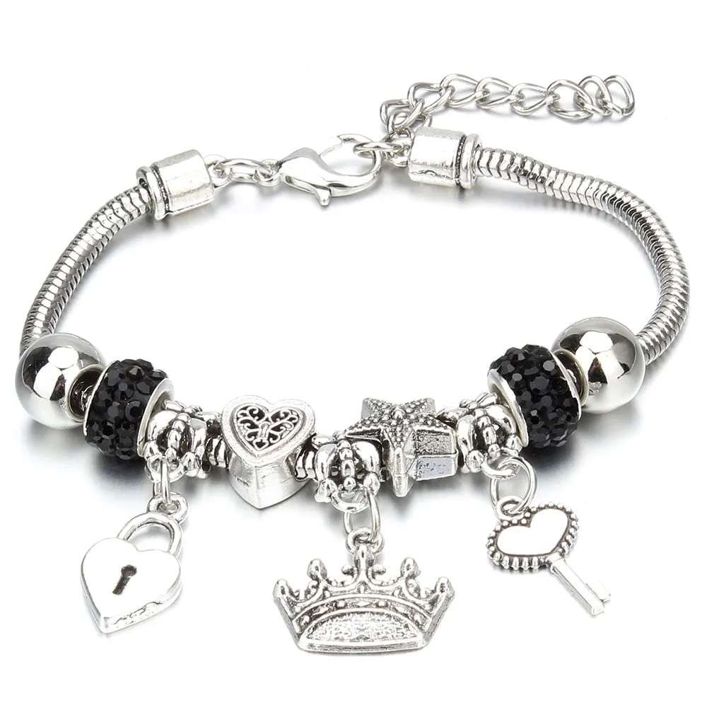 Crown Key Lock Vintage Bracelet For Women with Glass Beads