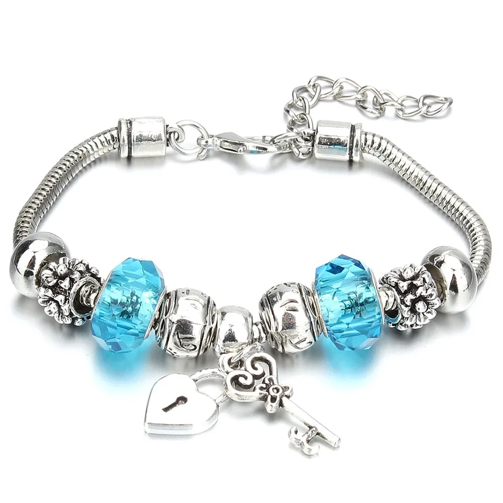 Crown Key Lock Vintage Bracelet For Women with Glass Beads