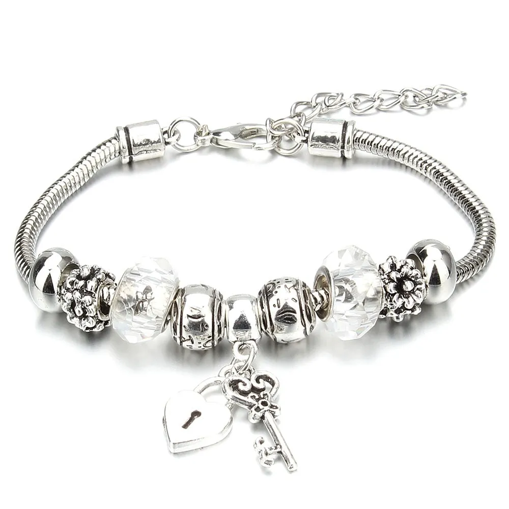 Crown Key Lock Vintage Bracelet For Women with Glass Beads