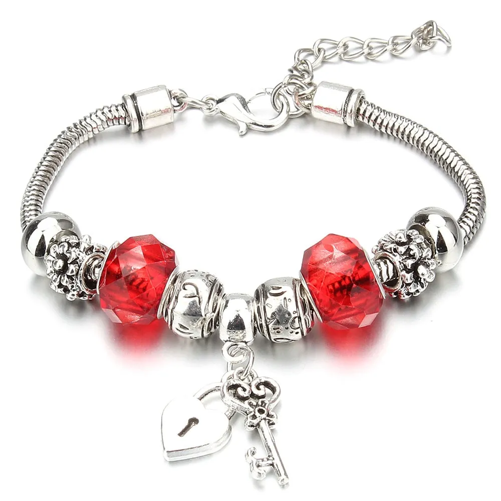 Crown Key Lock Vintage Bracelet For Women with Glass Beads