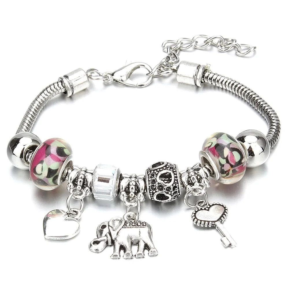 Crown Key Lock Vintage Bracelet For Women with Glass Beads