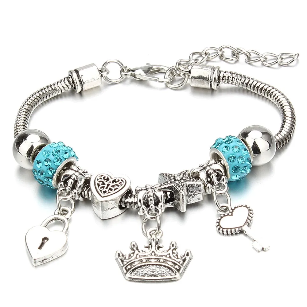 Crown Key Lock Vintage Bracelet For Women with Glass Beads