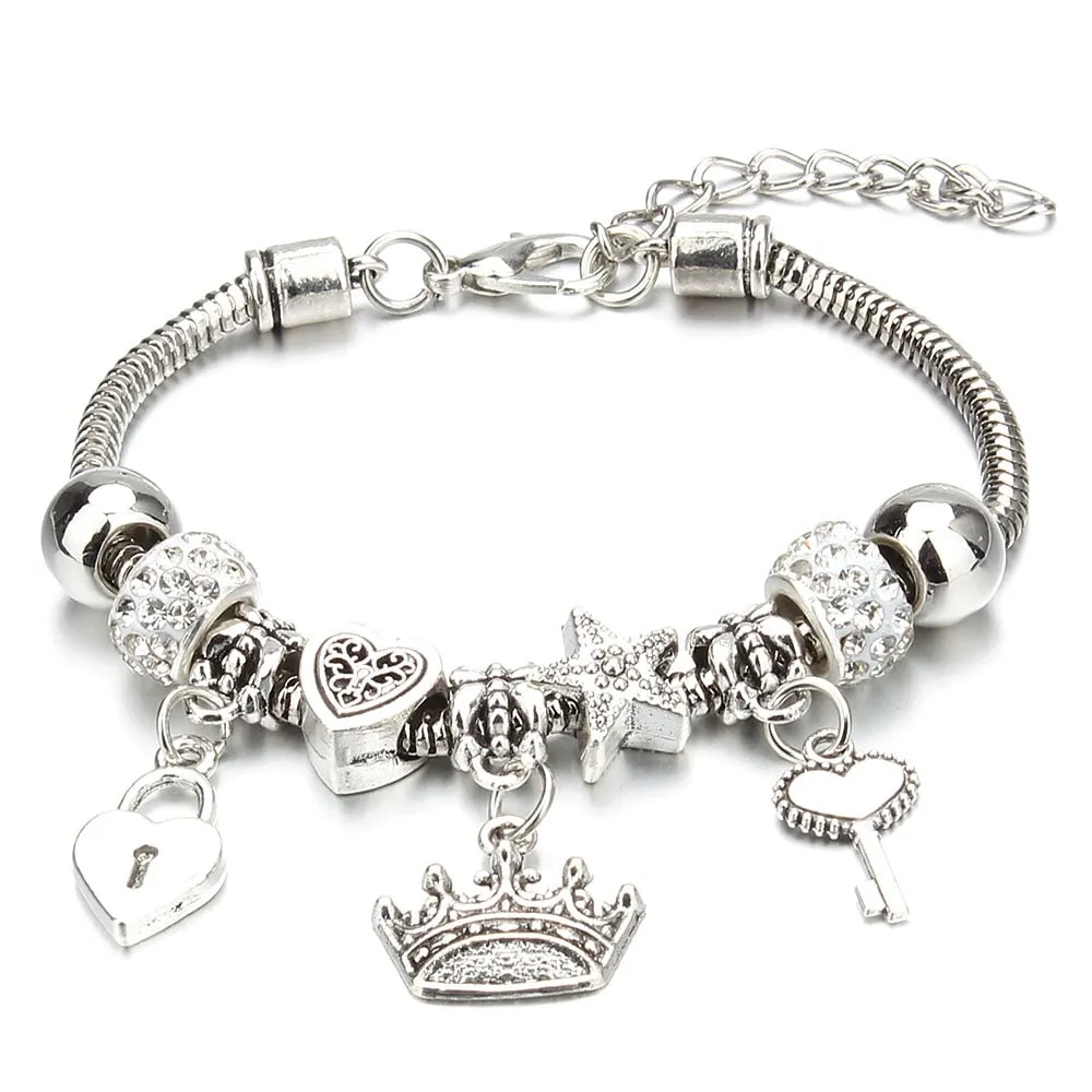 Crown Key Lock Vintage Bracelet For Women with Glass Beads