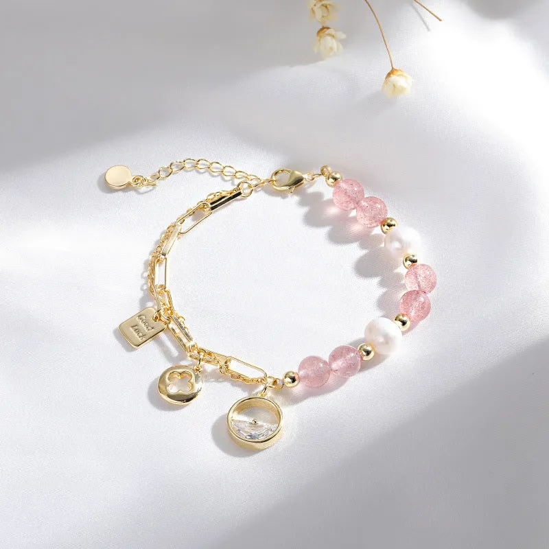 Crystal Bracelet with Zircon and Freshwater Pearl Semi-circular Design