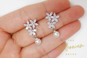 Cubic Zirconia Diamond Floral Pearl drop stud Earrings, Bridal Jewelry, Bridal Stud Earrings, Crystal Bridal Earrings, Statement Earrings Cz