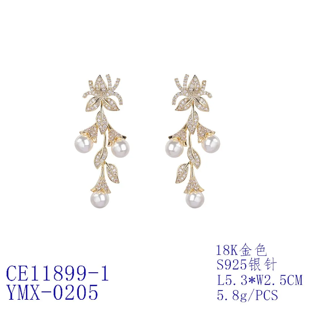 Cubic Zirconia Leaves ,Branch Earring for Wedding, Pearl Prom Dangler Jewelry for Women CE11899