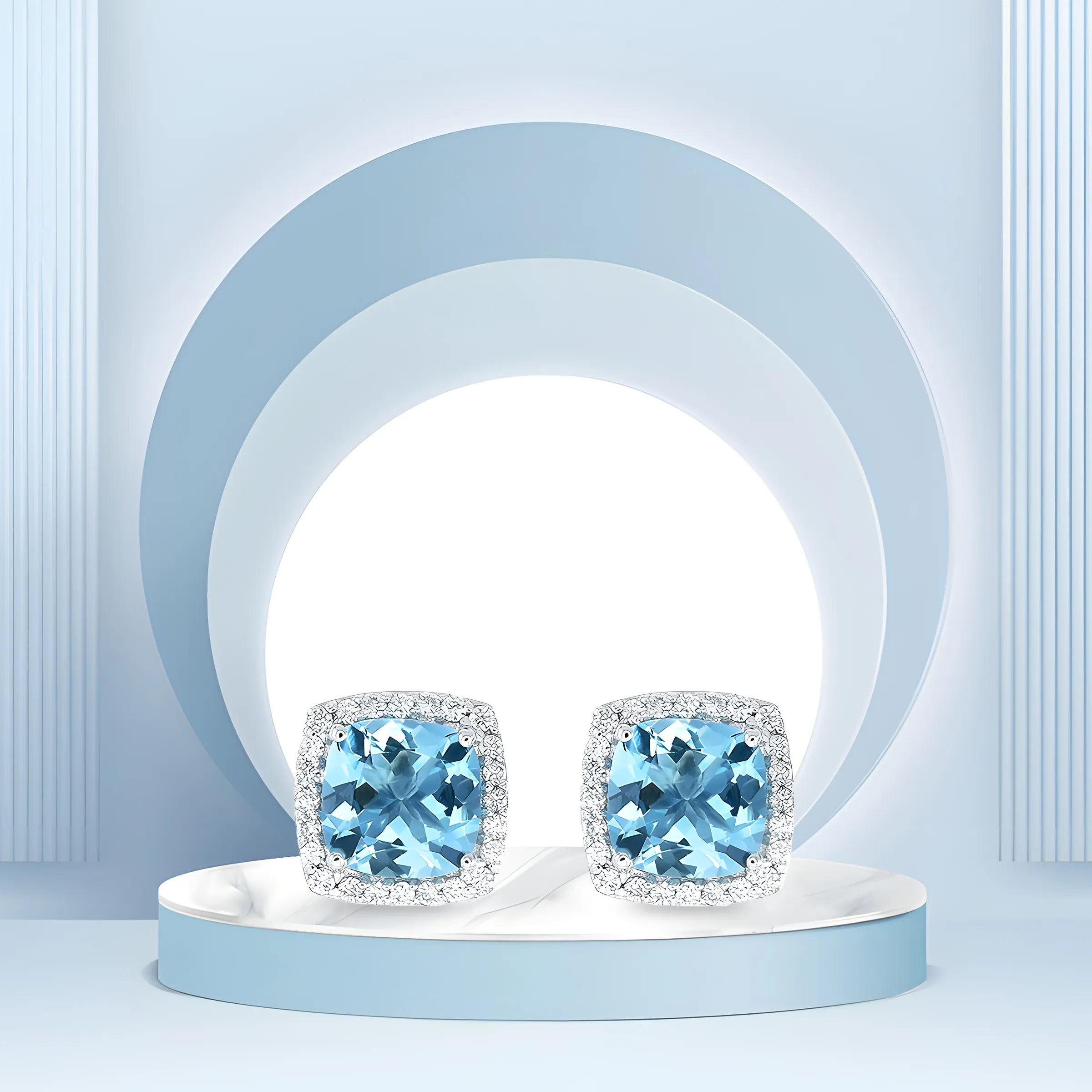 Cushion Aquamarine And Diamond Halo Stud Earring in 18k White Gold