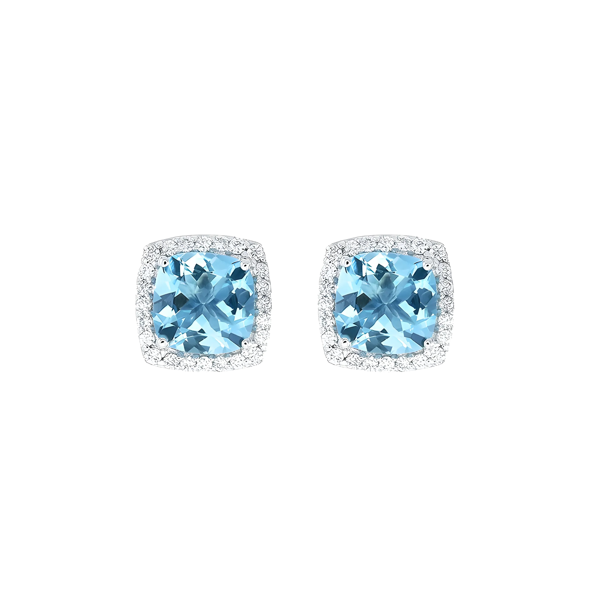 Cushion Aquamarine And Diamond Halo Stud Earring in 18k White Gold