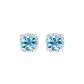 Cushion Aquamarine And Diamond Halo Stud Earring in 18k White Gold