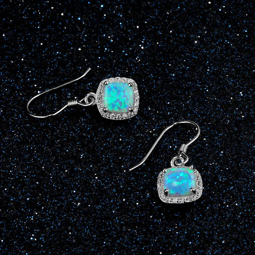 Cushion Cut Blue Opal Pendant Zircon Soleste Halo Sterling Silver Hook Earrings