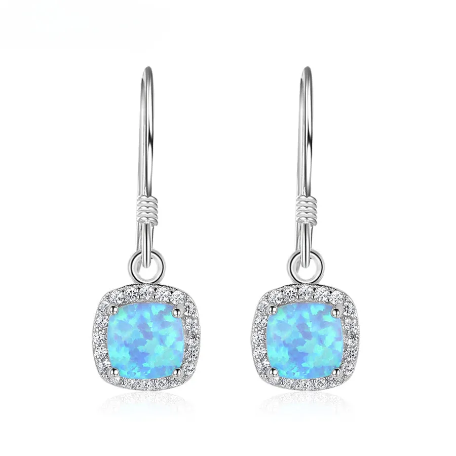 Cushion Cut Blue Opal Pendant Zircon Soleste Halo Sterling Silver Hook Earrings