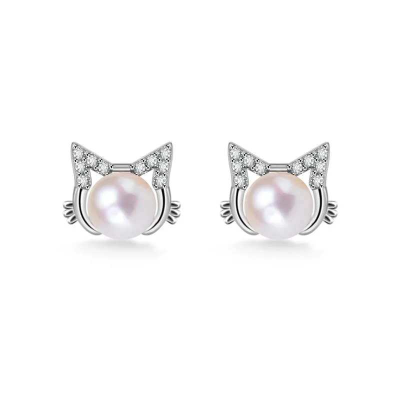 Cute Cat with Gemstone Silver Stud Earrings for Women