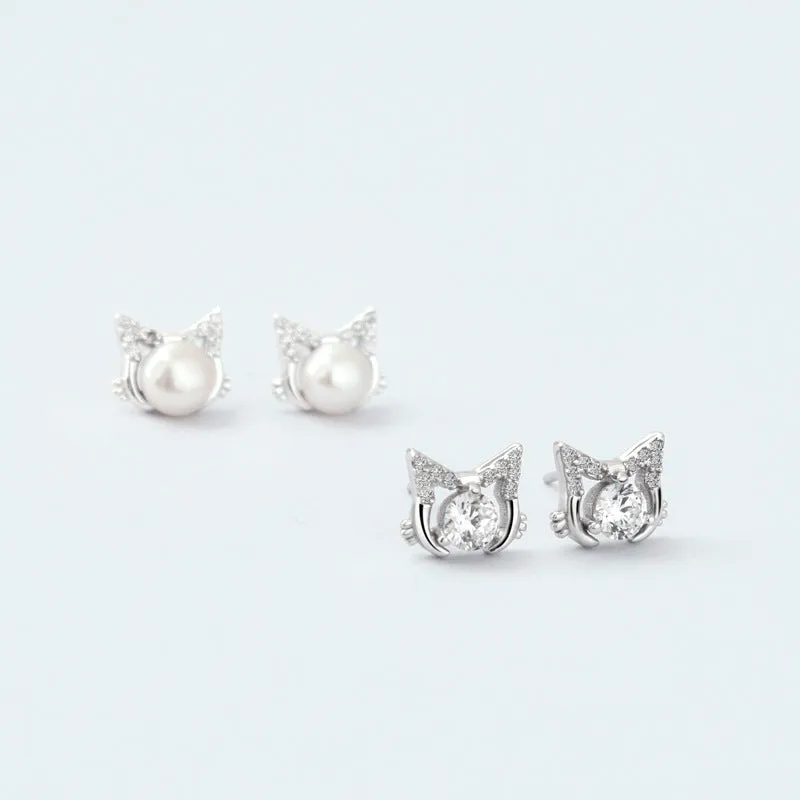 Cute Cat with Gemstone Silver Stud Earrings for Women